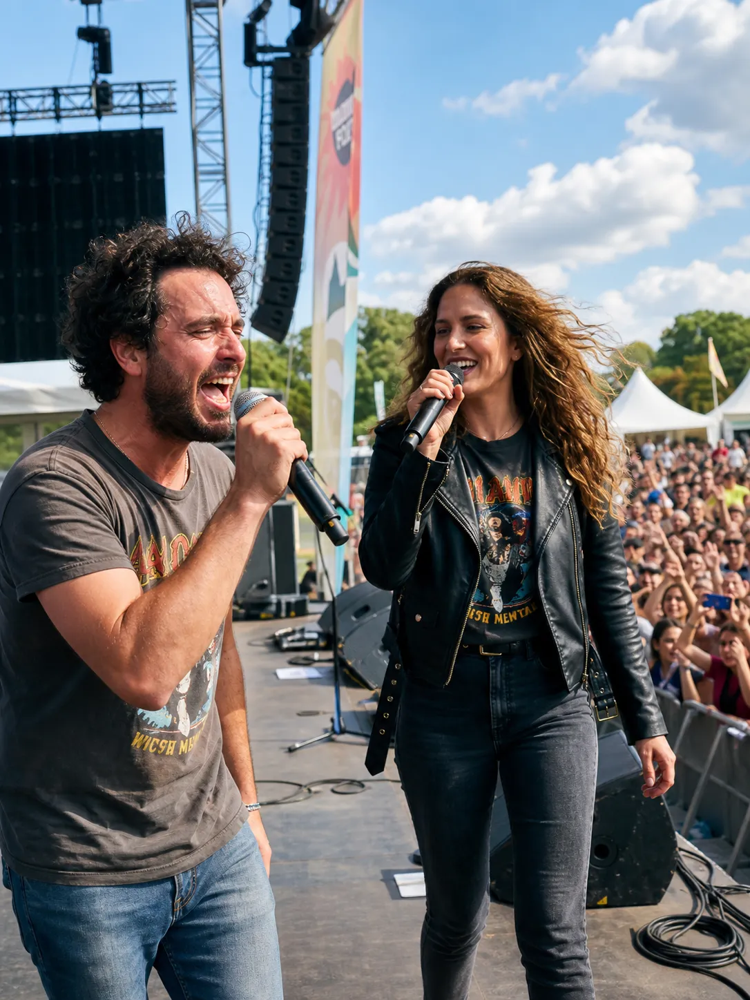 Cantantes en un escenario durante un concierto al aire libre