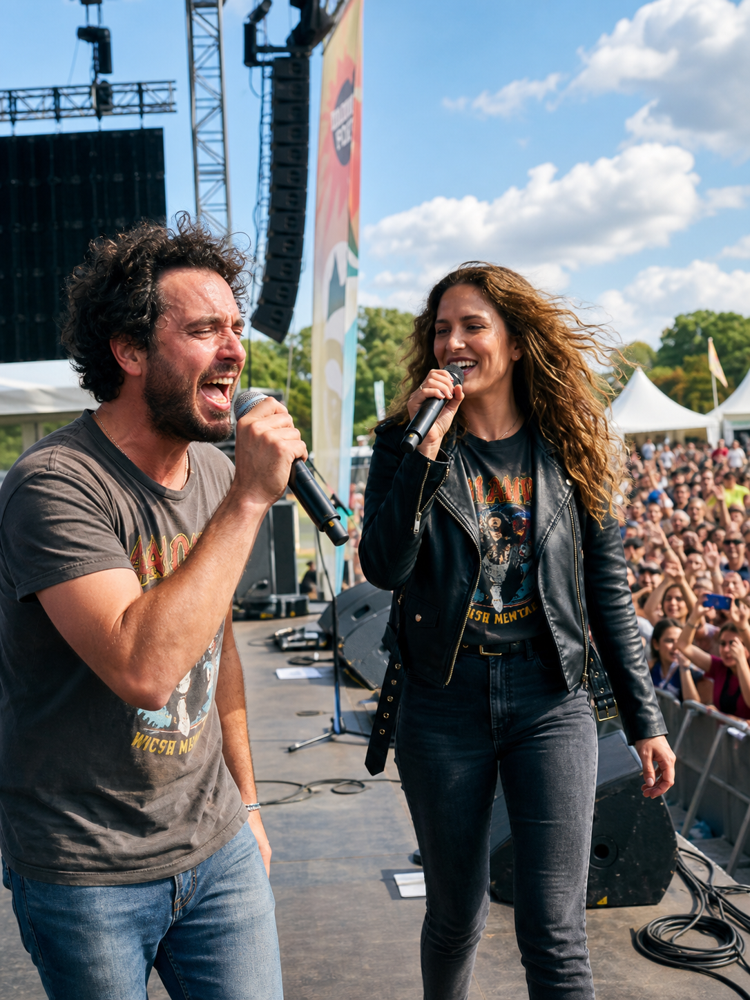 Cantantes en un escenario durante un concierto al aire libre